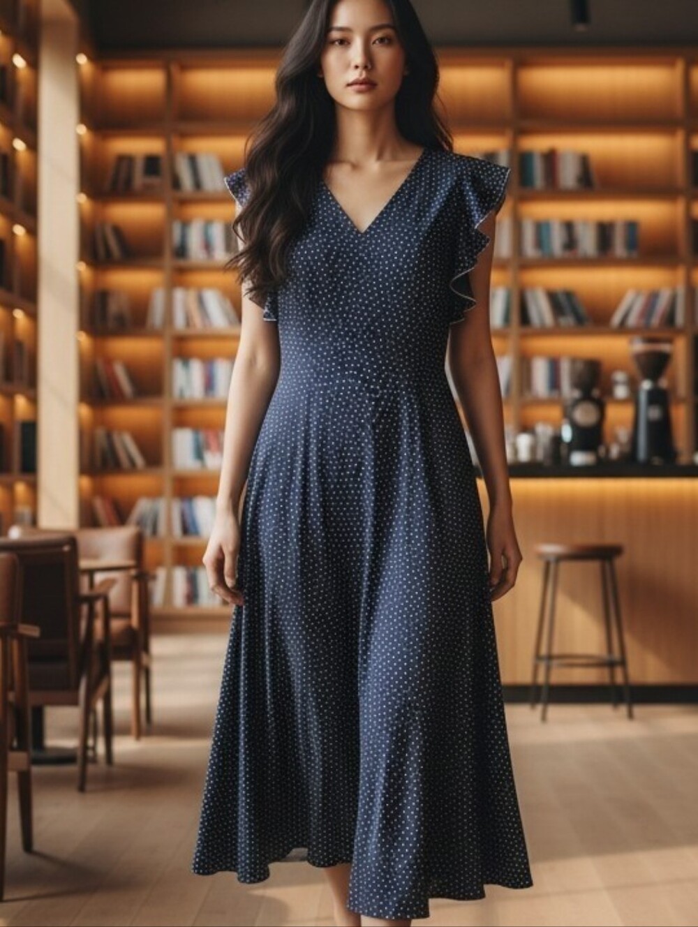 Tommy Hilfiger Navy Polka Dot Midi Dress with Flutter Sleeves Nautical 40s 50s